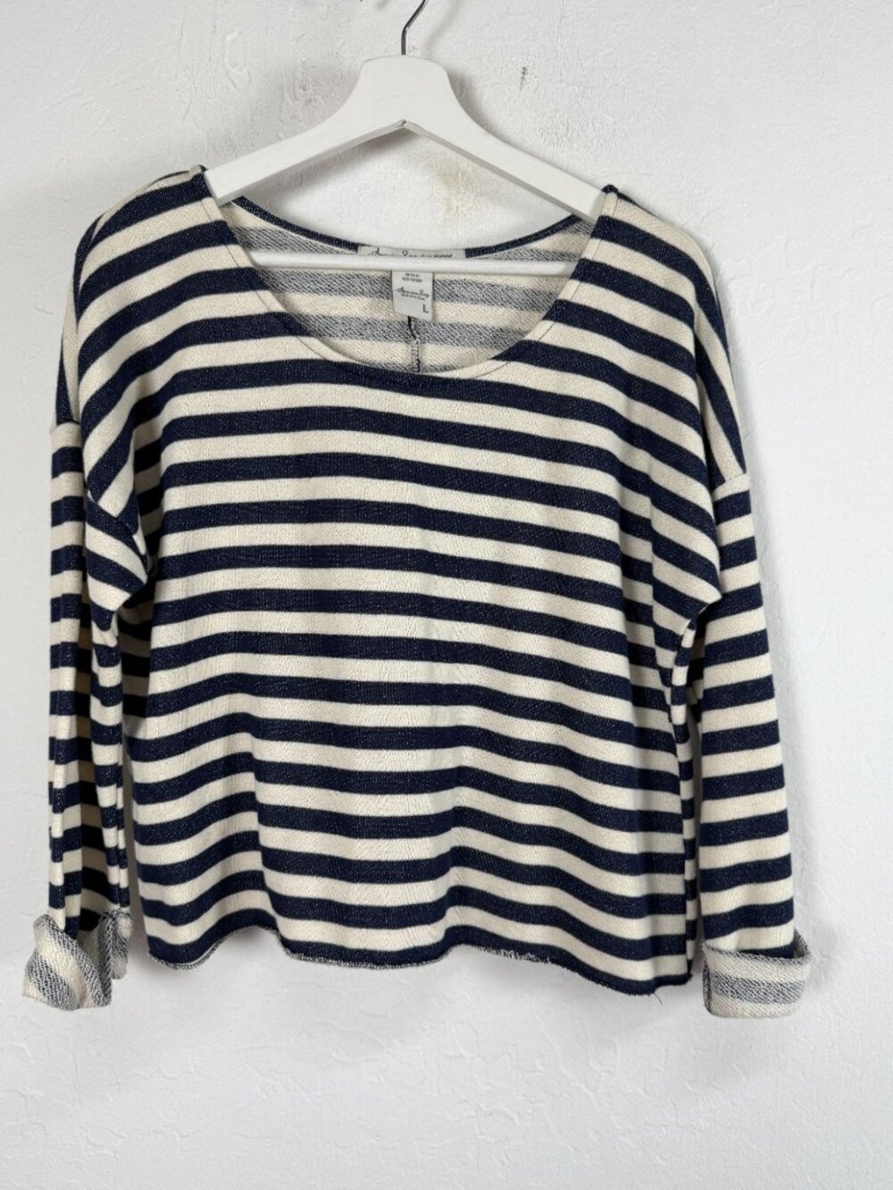 American Rag Cie Womens Indigo Blue White Striped Long Sleeve Knit Top Large New